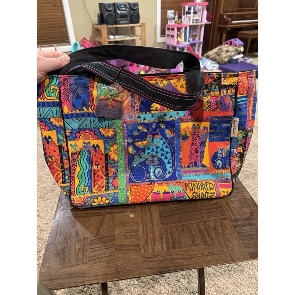 Laurel Burch Cloth Tote Shoulder Bag Cats Sequins Multicolor Yellow Orange Blue